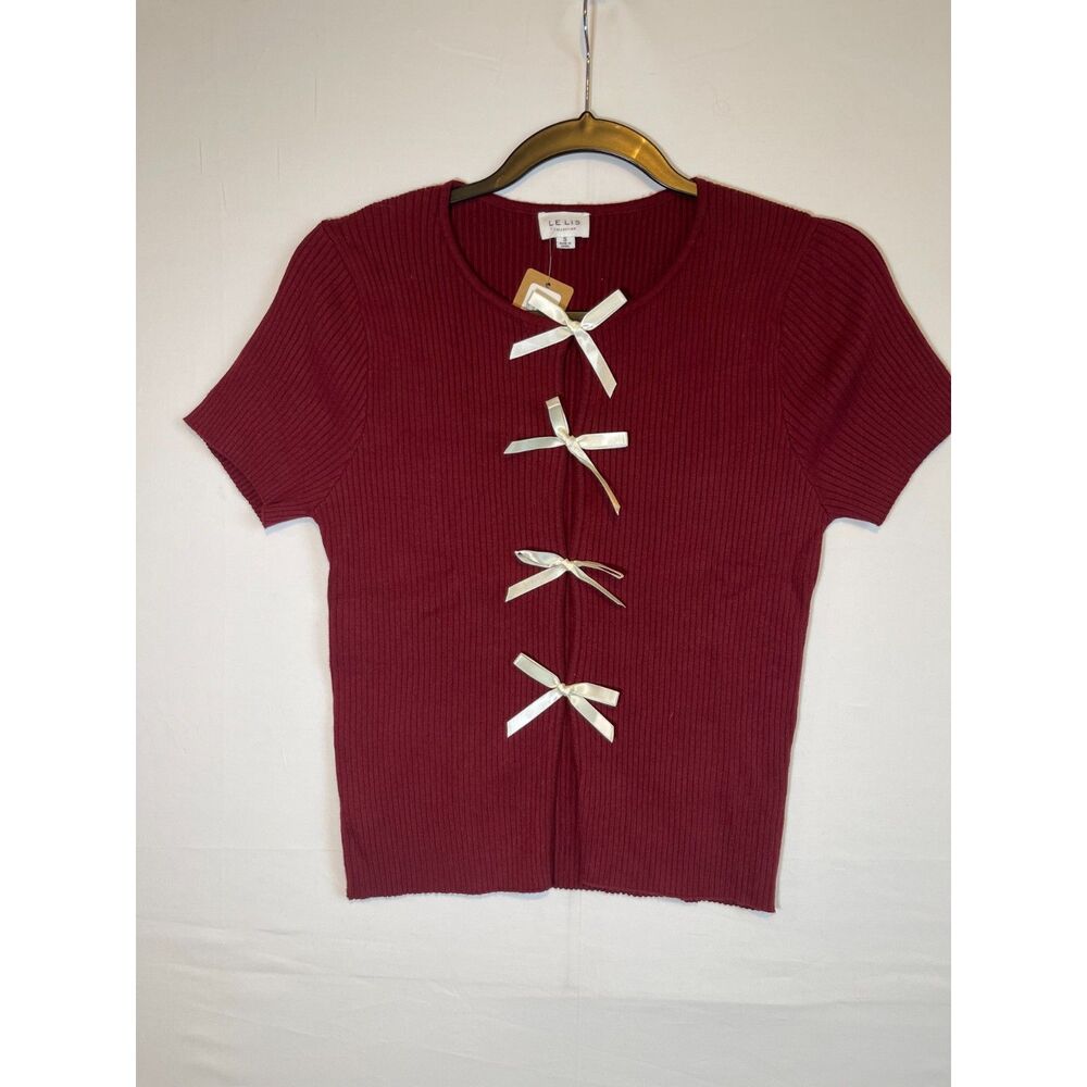 Le Lis NWT Burgundy Ribbed Short Sleeve Walk Away Top Satin Bow Cutout Small S